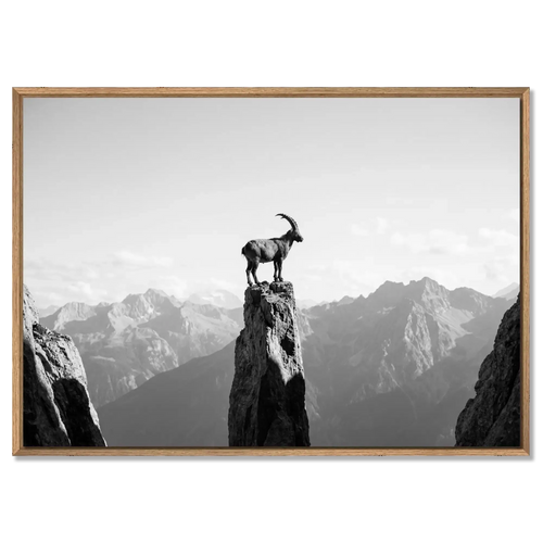 Ibex on the Edge of Silence - Large Alpine Wall Art XXL showcasing an alpine ibex on a rock pillar above mountains.