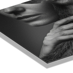 Intimacy with an Alpine Deer – Alu-Dibond wall art showcasing a human hand gently touching deer fur.