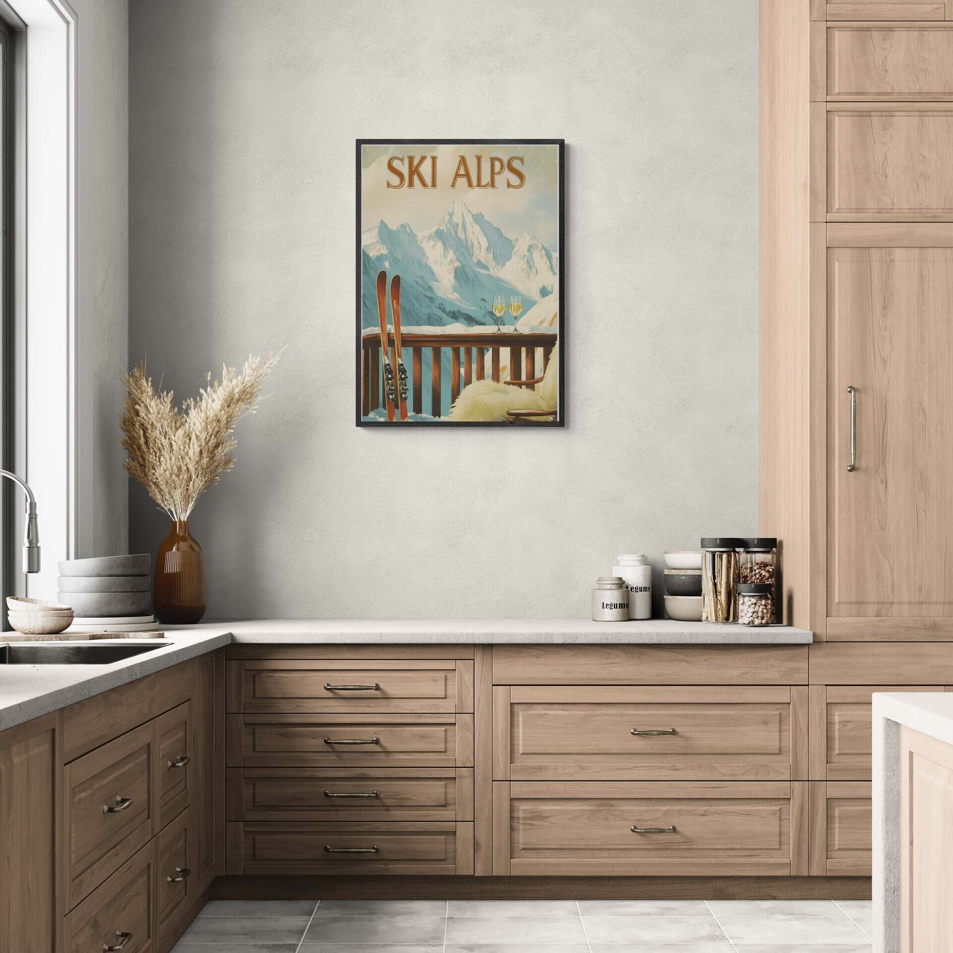 Serenity of Ski Alps - Poster displayed in a modern kitchen with wooden cabinetry and mountain views.