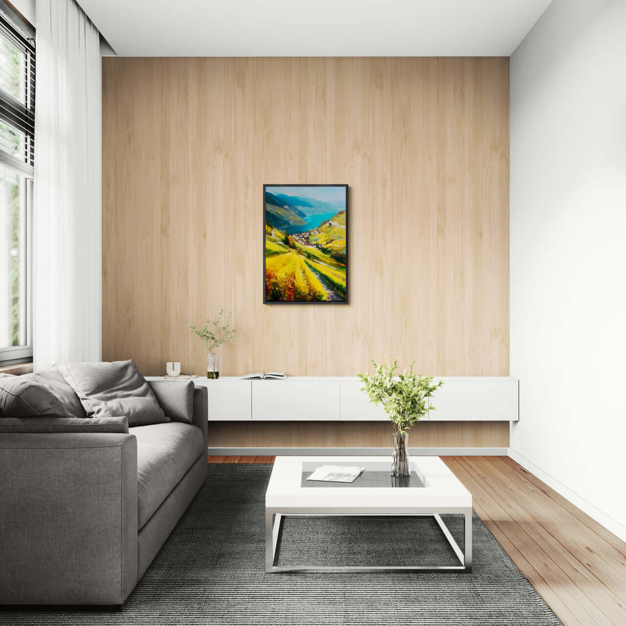 Lavaux Descent - Poster displayed in a modern living room with wood accents and minimalistic design.