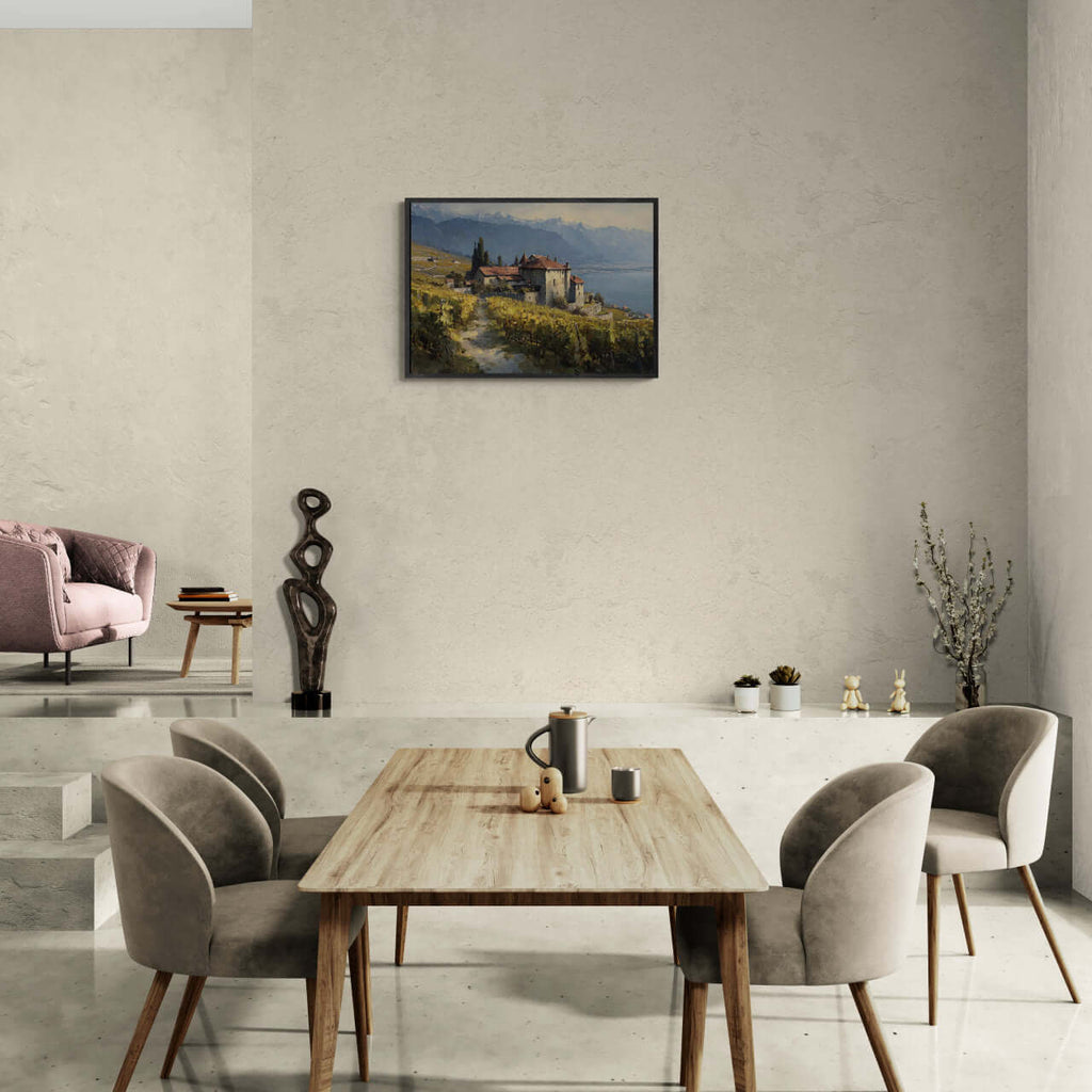 Lavaux Vineyard Estate – Poster displayed in a modern dining area, showcasing wall art of vineyards near Lake Geneva.
