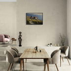 Lavaux Vineyard Estate – Poster displayed in a modern dining area, showcasing wall art of vineyards near Lake Geneva.