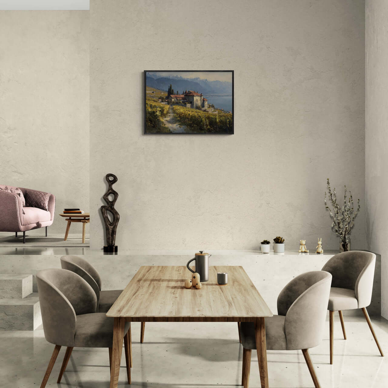 Lavaux Vineyard Estate – Poster displayed in a modern dining area, showcasing wall art of vineyards near Lake Geneva.