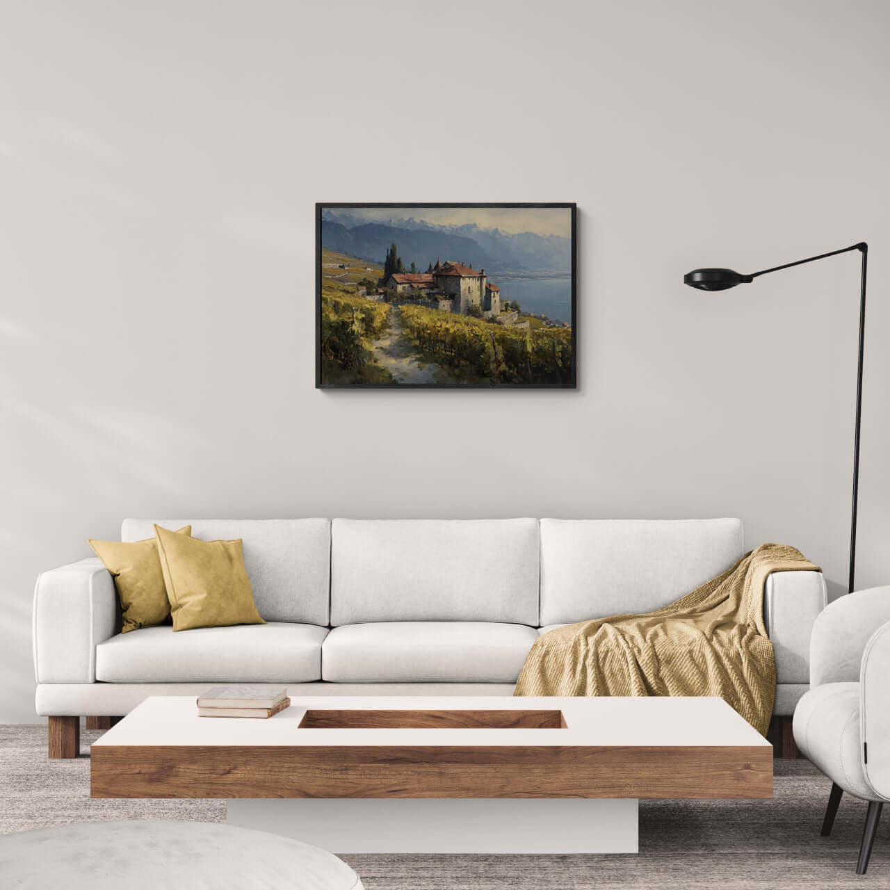 Lavaux Vineyard Estate – Poster displayed in a modern living room, showcasing wall art of vineyards and historic estate.