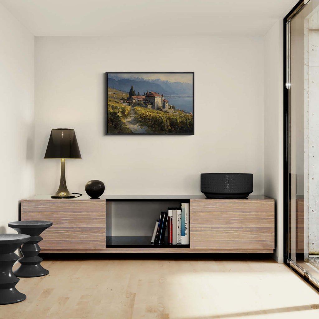 Lavaux Vineyard Estate – Poster showcased as wall art in a modern minimalist interior, enhancing wall decor.