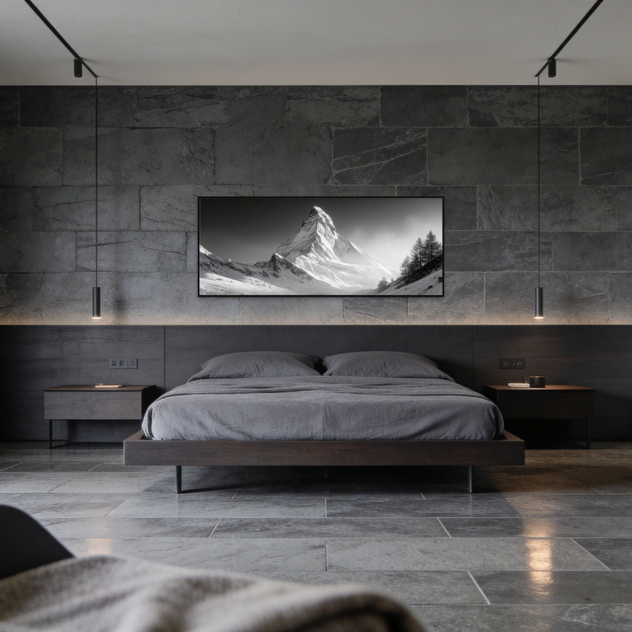 Light of the Matterhorn – Alu-Dibond wall art displayed in a modern bedroom as wall decor.