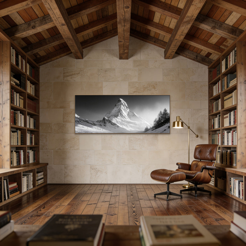 Light of the Matterhorn – Alu-Dibond wall art displayed in a cozy library with wooden decor and bookshelves.