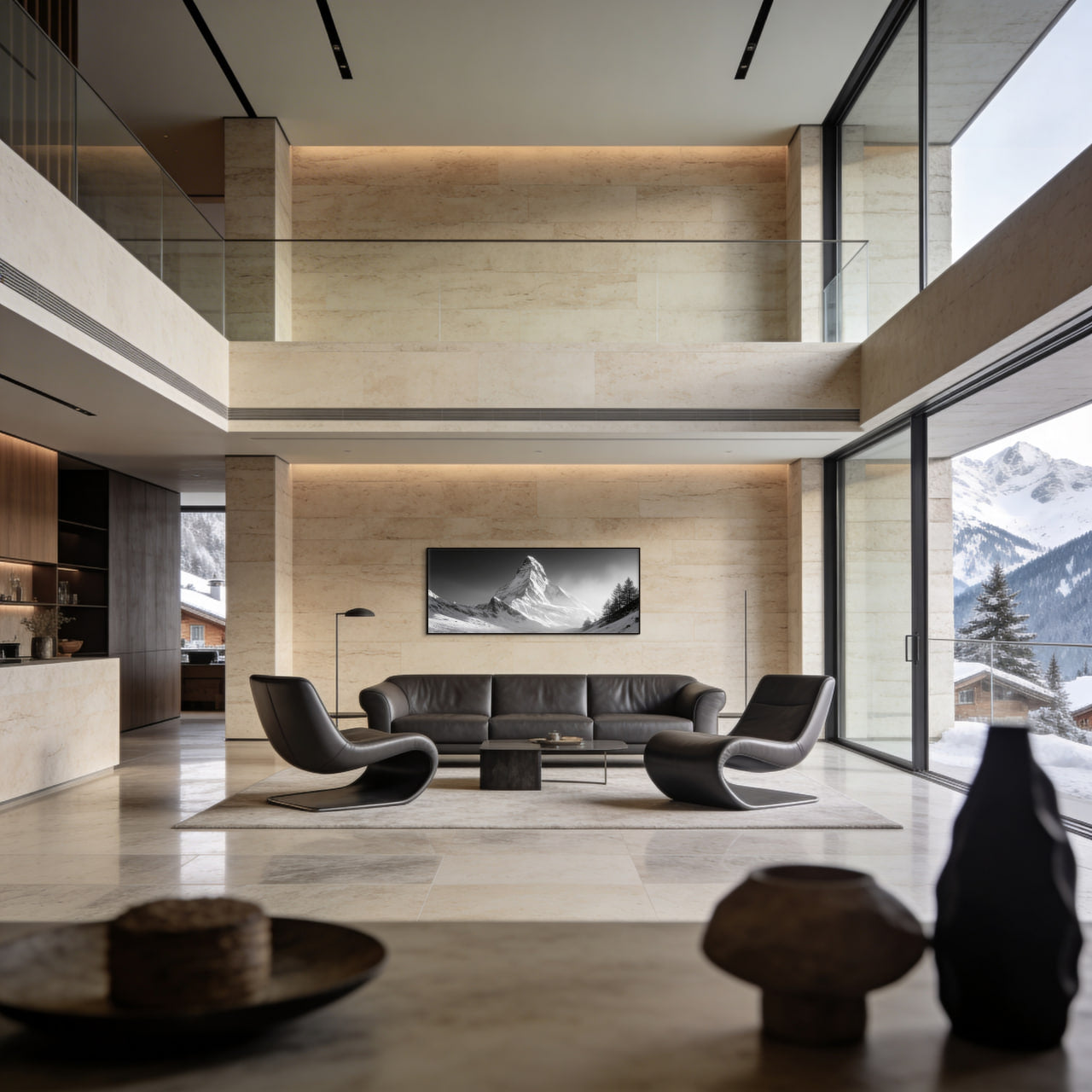 Light of the Matterhorn – Alu-Dibond wall art displayed in a modern living room with mountain view.