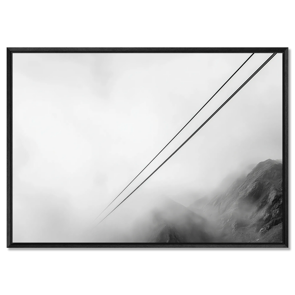 Lines Above the Alps – Alu-Dibond wall art featuring alpine cable lines fading into mist.