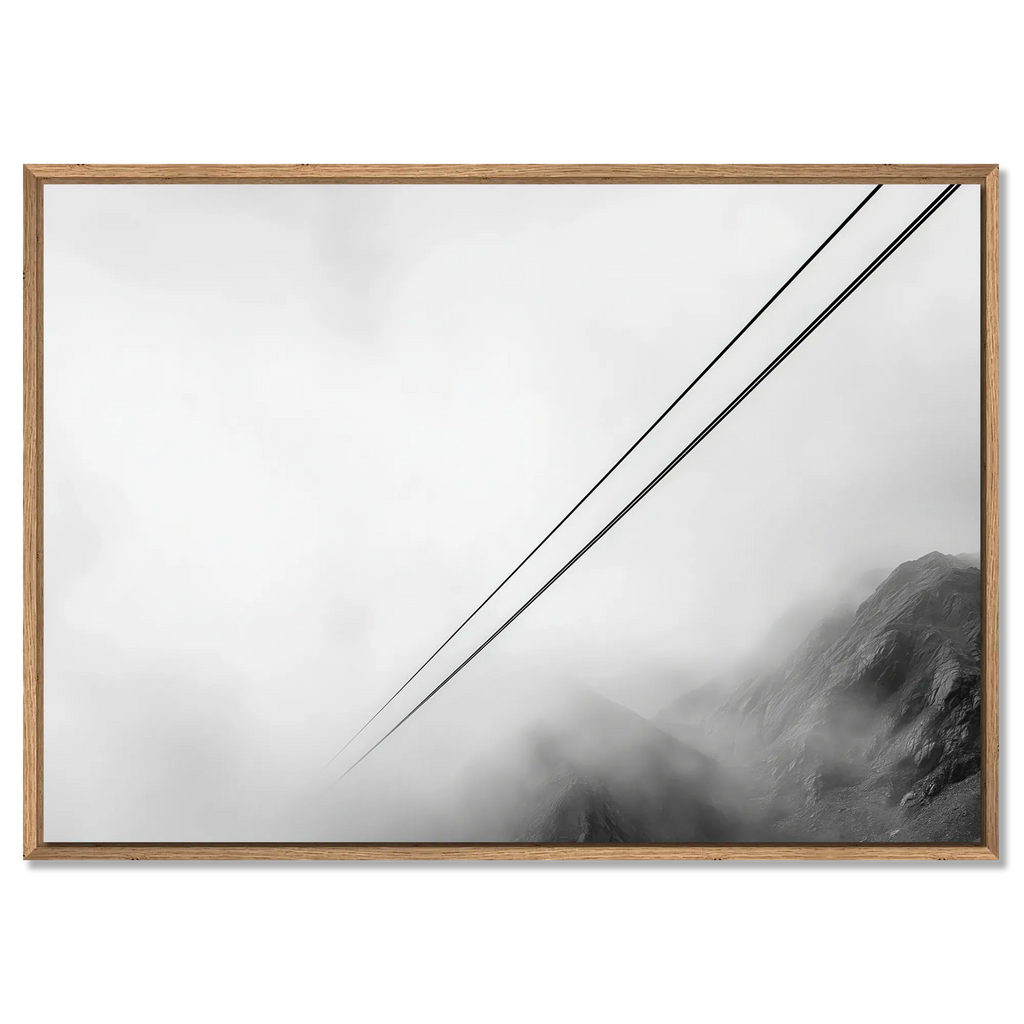 Lines Above the Alps – Alu-Dibond wall art featuring alpine cable lines in misty landscape.