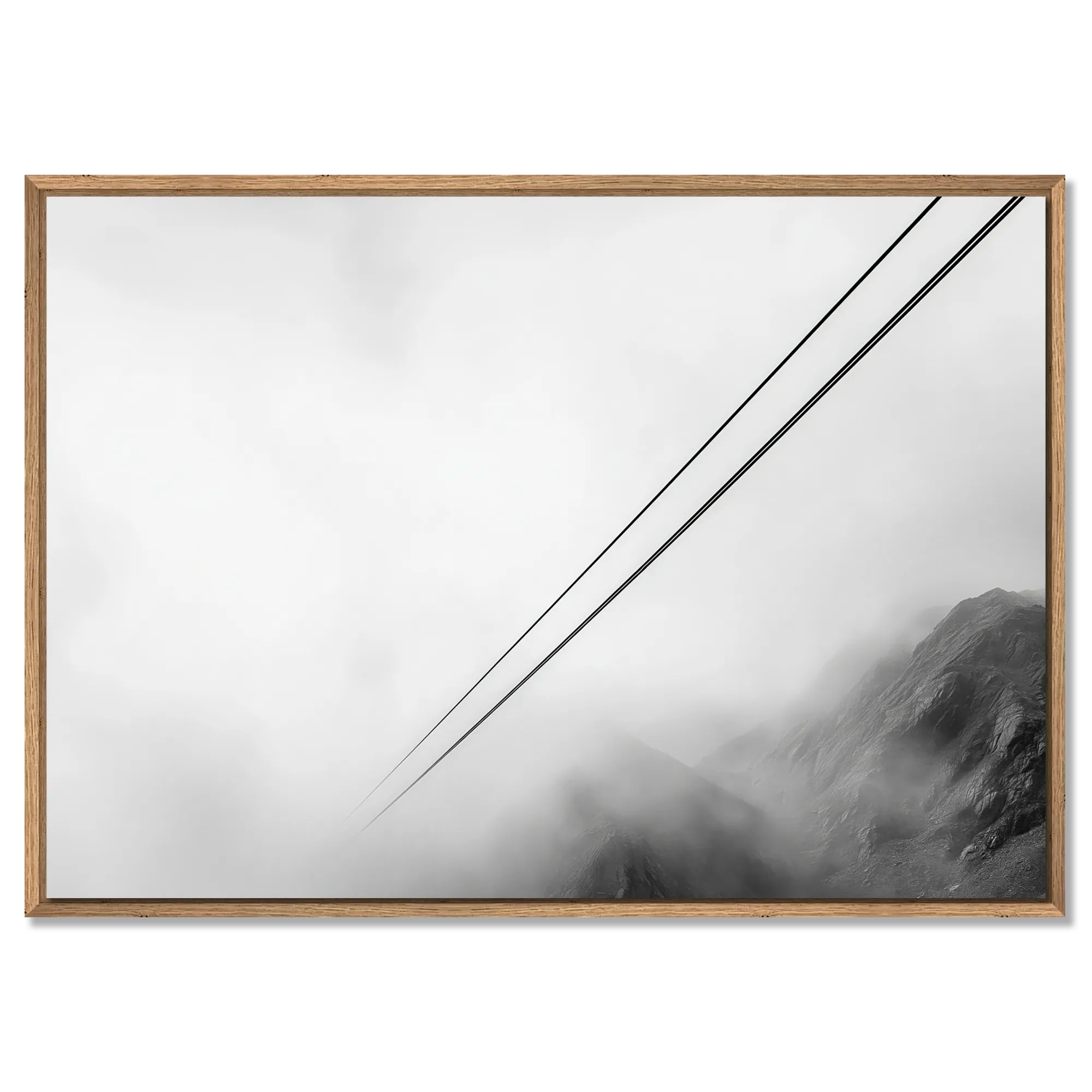 Lines Above the Alps – Alu-Dibond wall art featuring alpine cable lines in misty landscape.