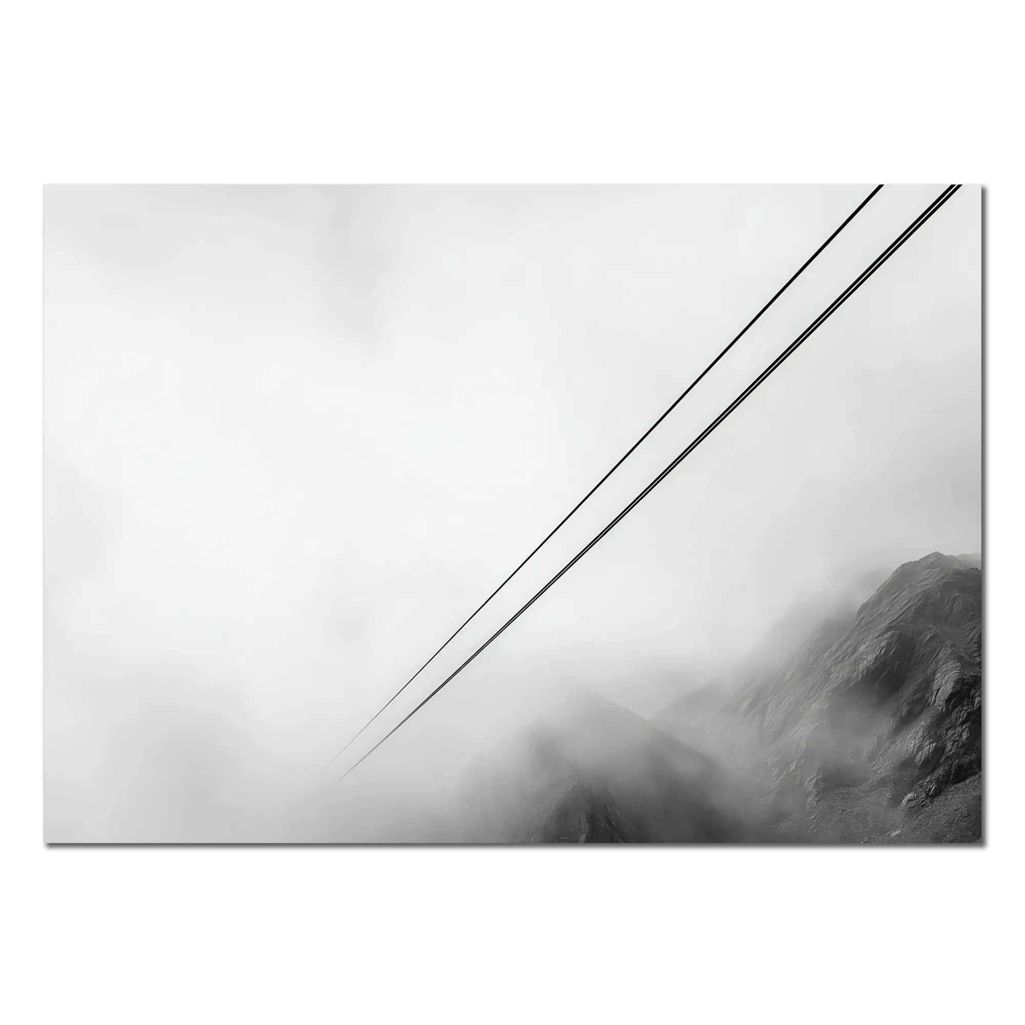 Lines Above the Alps – Alu-Dibond wall art featuring misty alpine cable lines and soft fog.