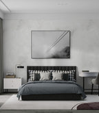 Lines Above the Alps – Alu-Dibond wall art displayed above a modern bed in a stylish bedroom.