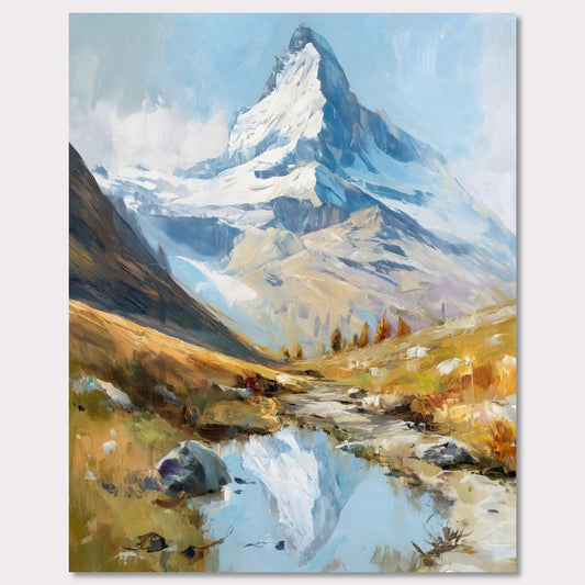 A tranquil alpine stream mirrors the iconic Matterhorn, creating a dreamlike symmetry between earth and sky. The soft brushstrokes evoke a calm autumn day, where golden meadows meet the glacier’s cool touch. This peaceful yet majestic landscape invites viewers to pause and reflect on nature’s balance.
