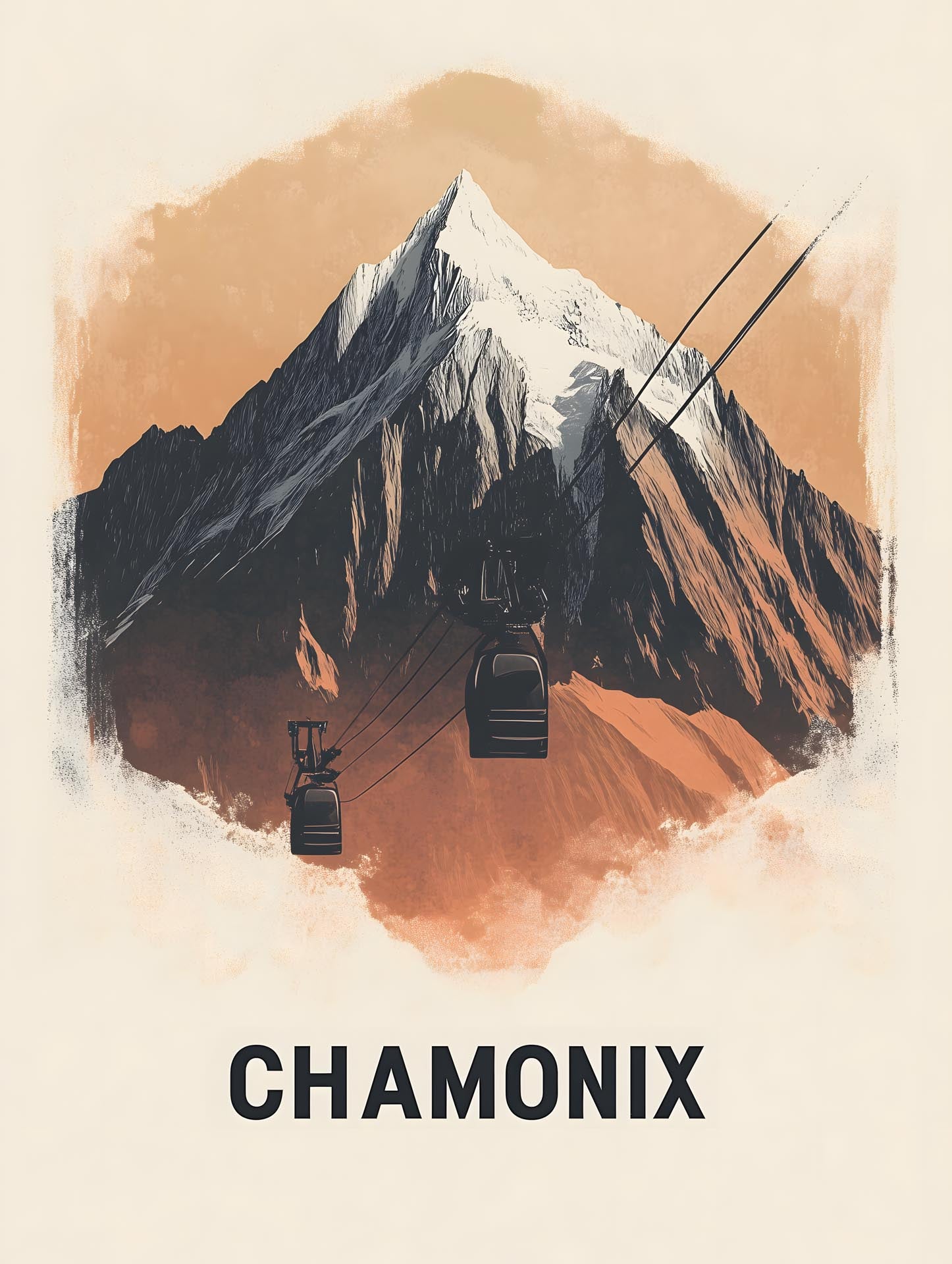 Chamonix mountain poster featuring a cable car and dramatic mountain peak with warm tones.