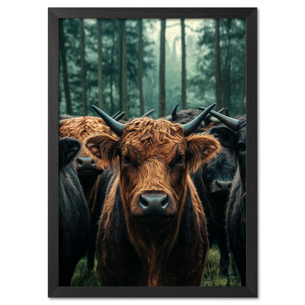Majesty Among Trees - Poster featuring a close view of alpine cows in a forest, showcasing detailed fur and strong horns.