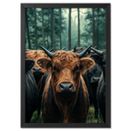 Majesty Among Trees - Poster featuring a close view of alpine cows in a forest, showcasing detailed fur and strong horns.