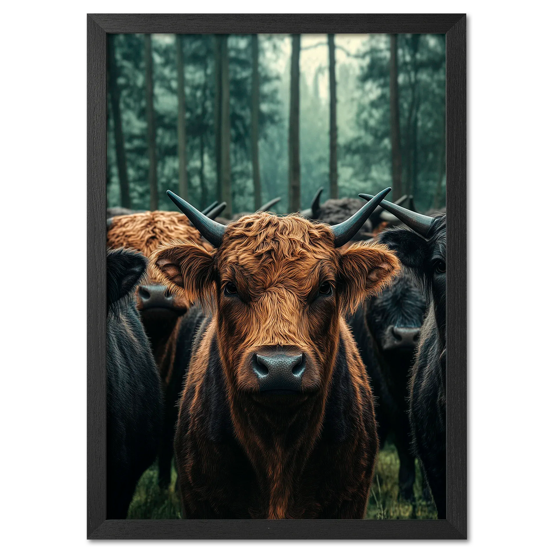Majesty Among Trees - Poster featuring a close view of alpine cows in a forest, showcasing detailed fur and strong horns.