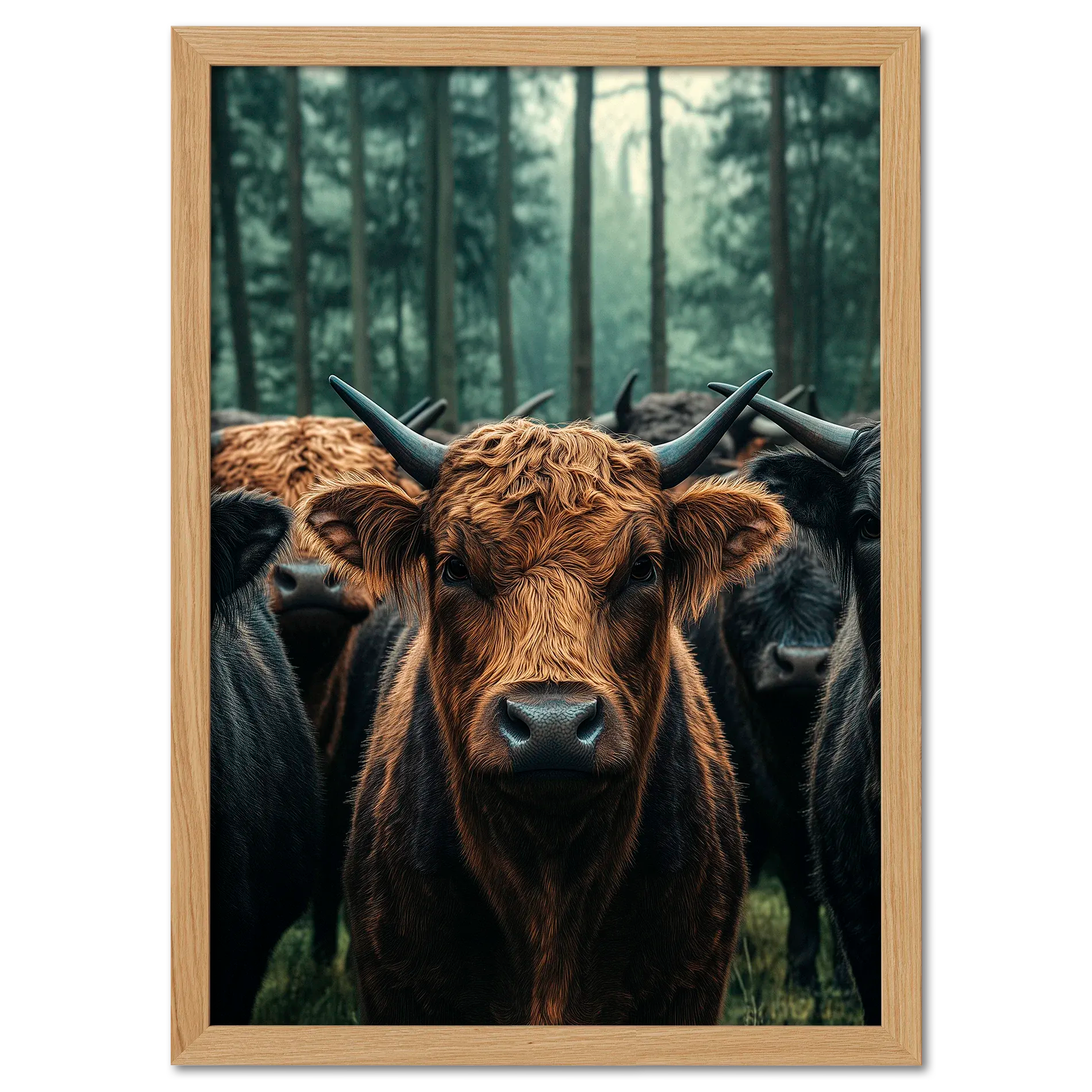 Majesty Among Trees - Poster featuring alpine cows in a forest with deep brown and black tones and soft green hues.
