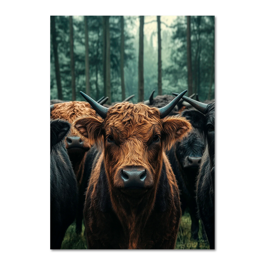 Majesty Among Trees - Poster featuring a close view of alpine cows in a serene forest setting.