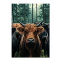 Majesty Among Trees - Poster featuring a close view of alpine cows in a serene forest setting.