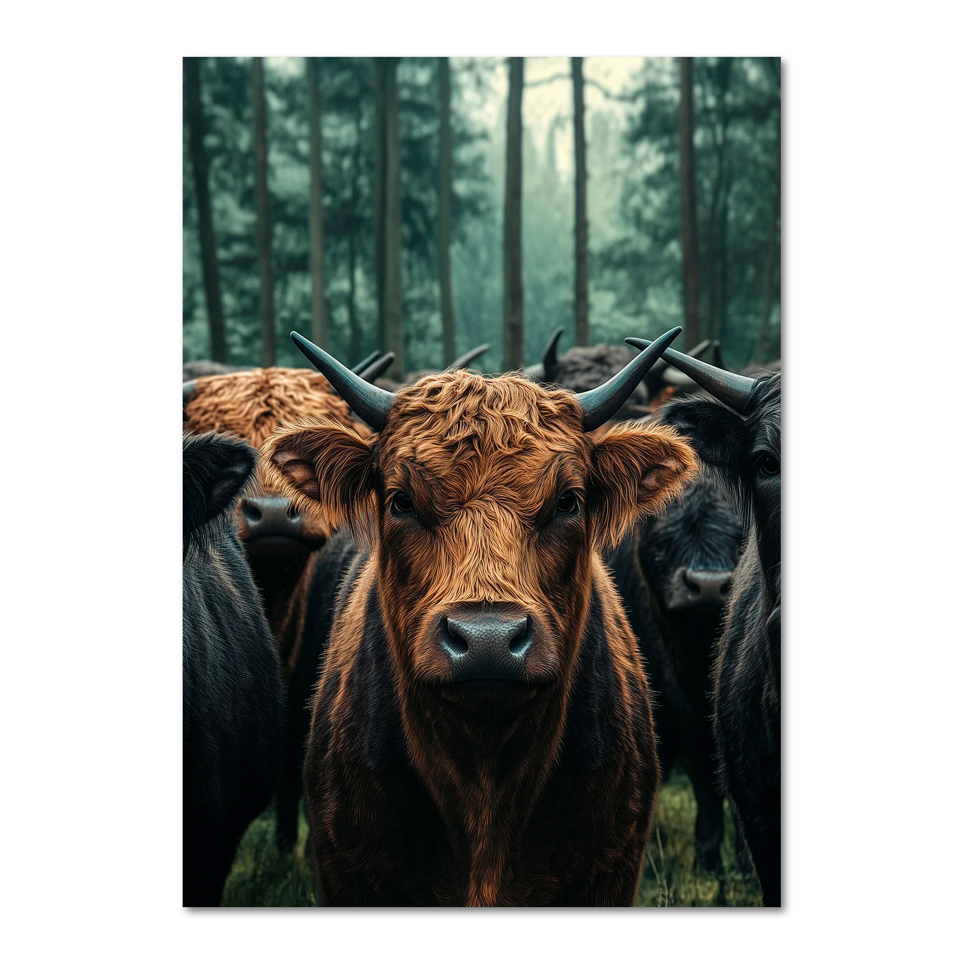 Majesty Among Trees - Poster featuring a close view of alpine cows in a serene forest setting.