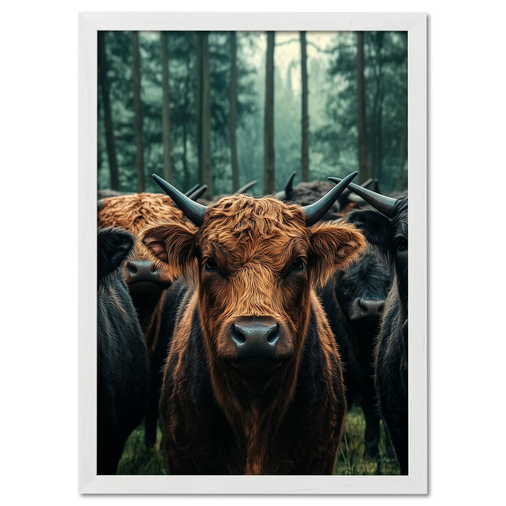 Majesty Among Trees - Poster featuring a close view of alpine cows in a tranquil forest setting.