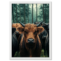 Majesty Among Trees - Poster featuring a close view of alpine cows in a tranquil forest setting.