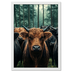 Majesty Among Trees - Poster featuring a close view of alpine cows in a tranquil forest setting.