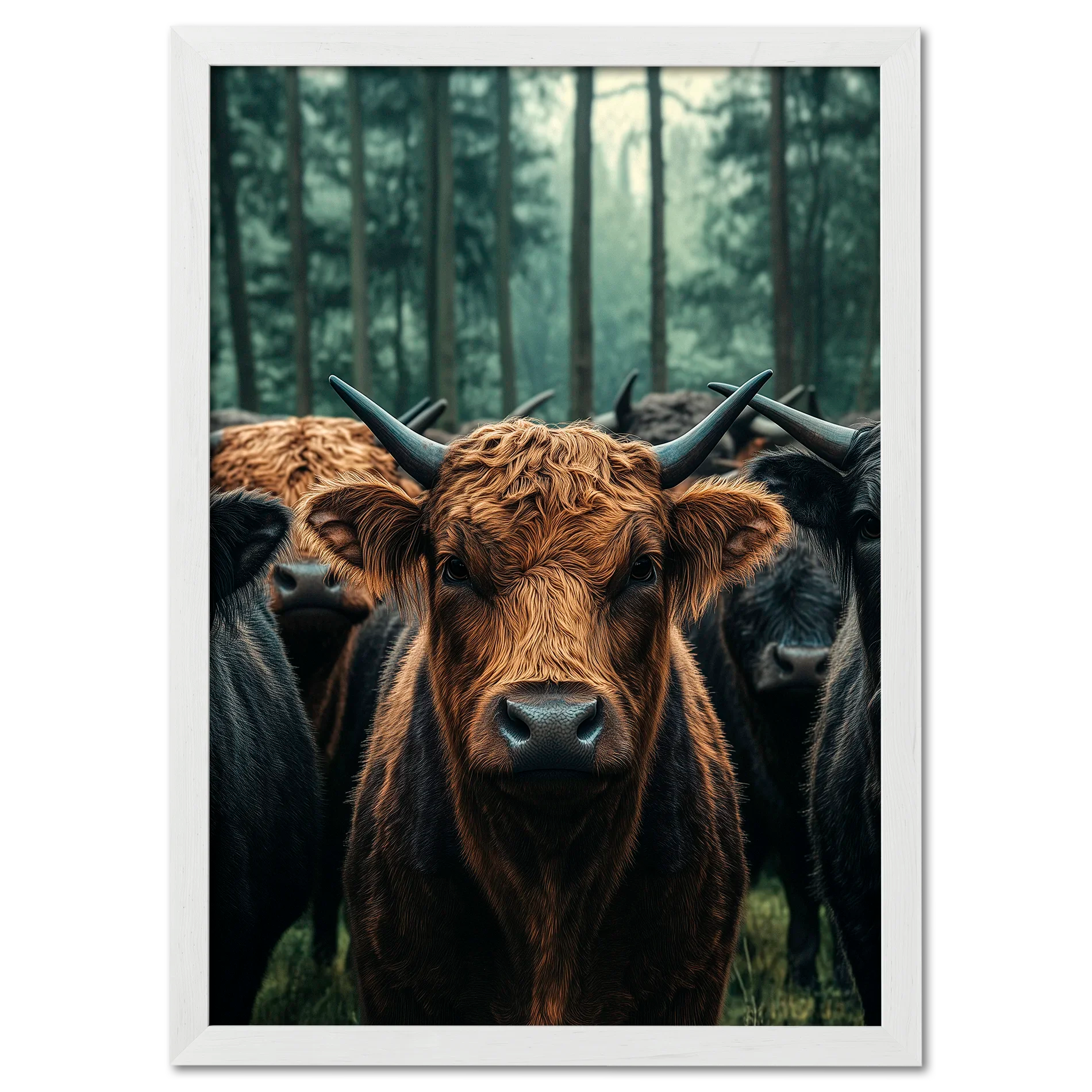 Majesty Among Trees - Poster featuring a close view of alpine cows in a tranquil forest setting.