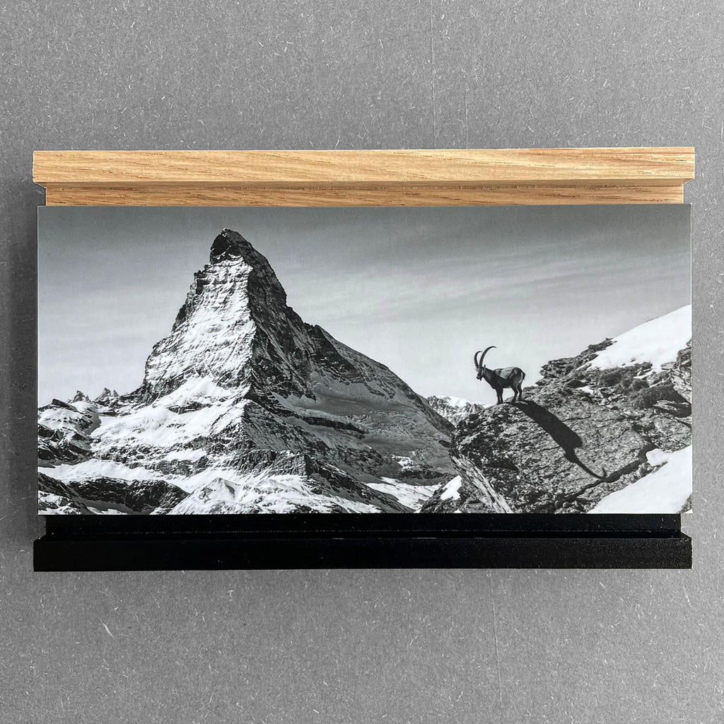 Material Sample Kit showcasing Large Alpine Wall Art XXL on Alu-Dibond with floater frame options.