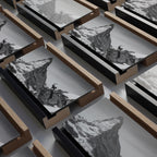 Material Sample Kit showcasing Alu-Dibond surfaces in floater frames, featuring Large Alpine Wall Art XXL.