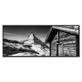 Matterhorn Chalet View – Alu-Dibond wall art featuring a wooden chalet and Matterhorn in black and white.