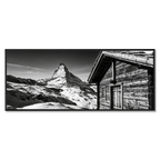 Matterhorn Chalet View – Alu-Dibond wall art featuring a wooden chalet and Matterhorn in black and white.
