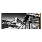Matterhorn Chalet View – Alu-Dibond wall art showcasing a wooden chalet against the Matterhorn mountain.