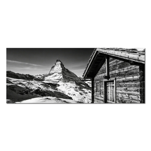 Matterhorn Chalet View – Alu-Dibond wall art featuring a traditional chalet with the Matterhorn in the background.