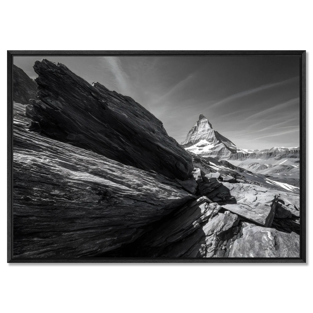 Matterhorn Lines – Alu-Dibond wall art showcasing the rugged alpine rock and iconic Matterhorn peak in black and white
