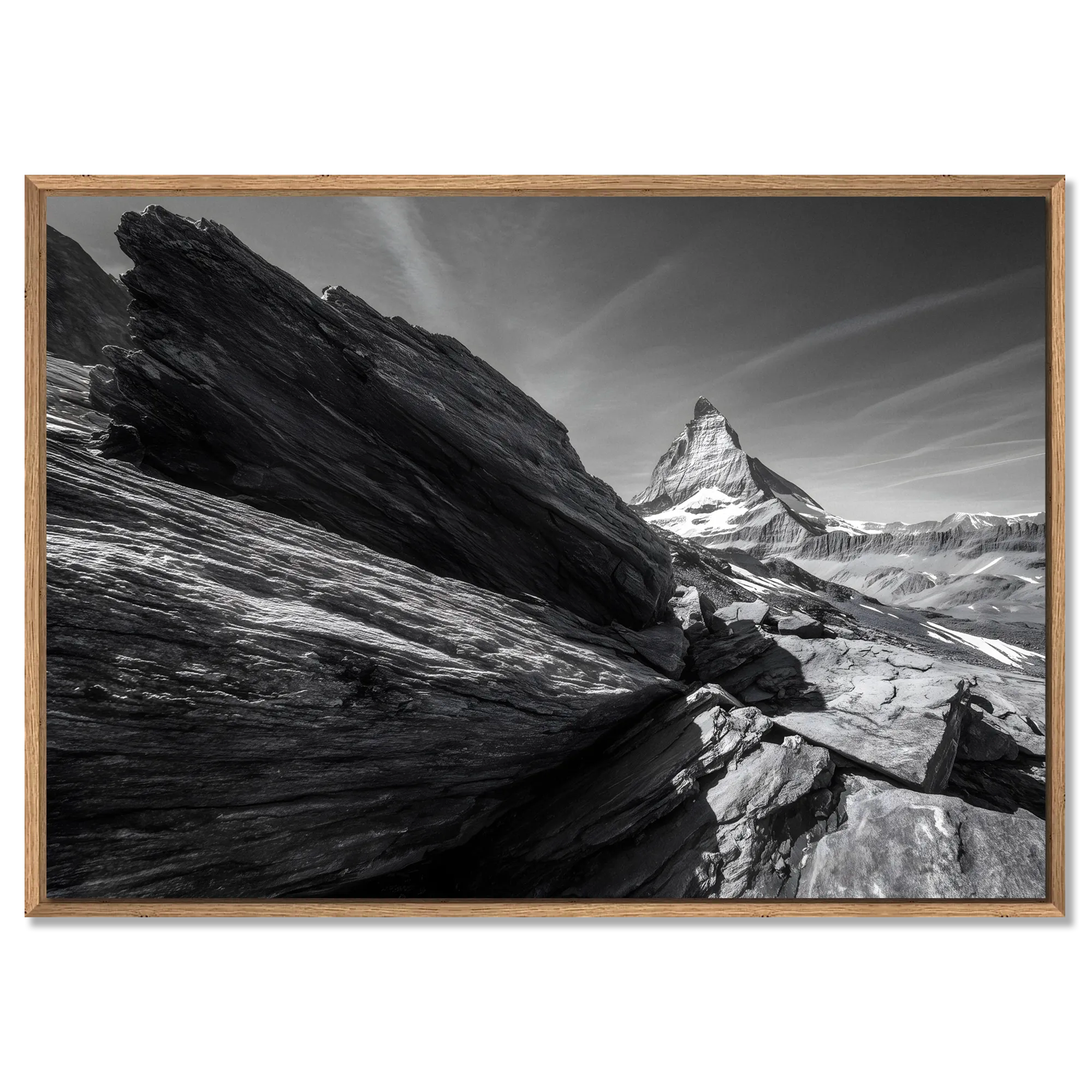 Matterhorn Lines – Alu-Dibond wall art showcasing alpine rocks and the Matterhorn in a dramatic black and white view.