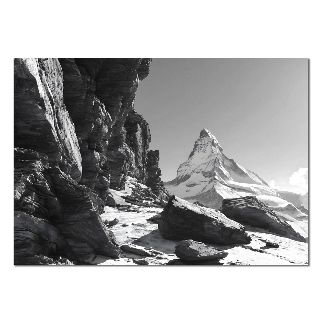 Matterhorn Path – Alu-Dibond wall art depicting the stunning Matterhorn against rugged alpine rocks.