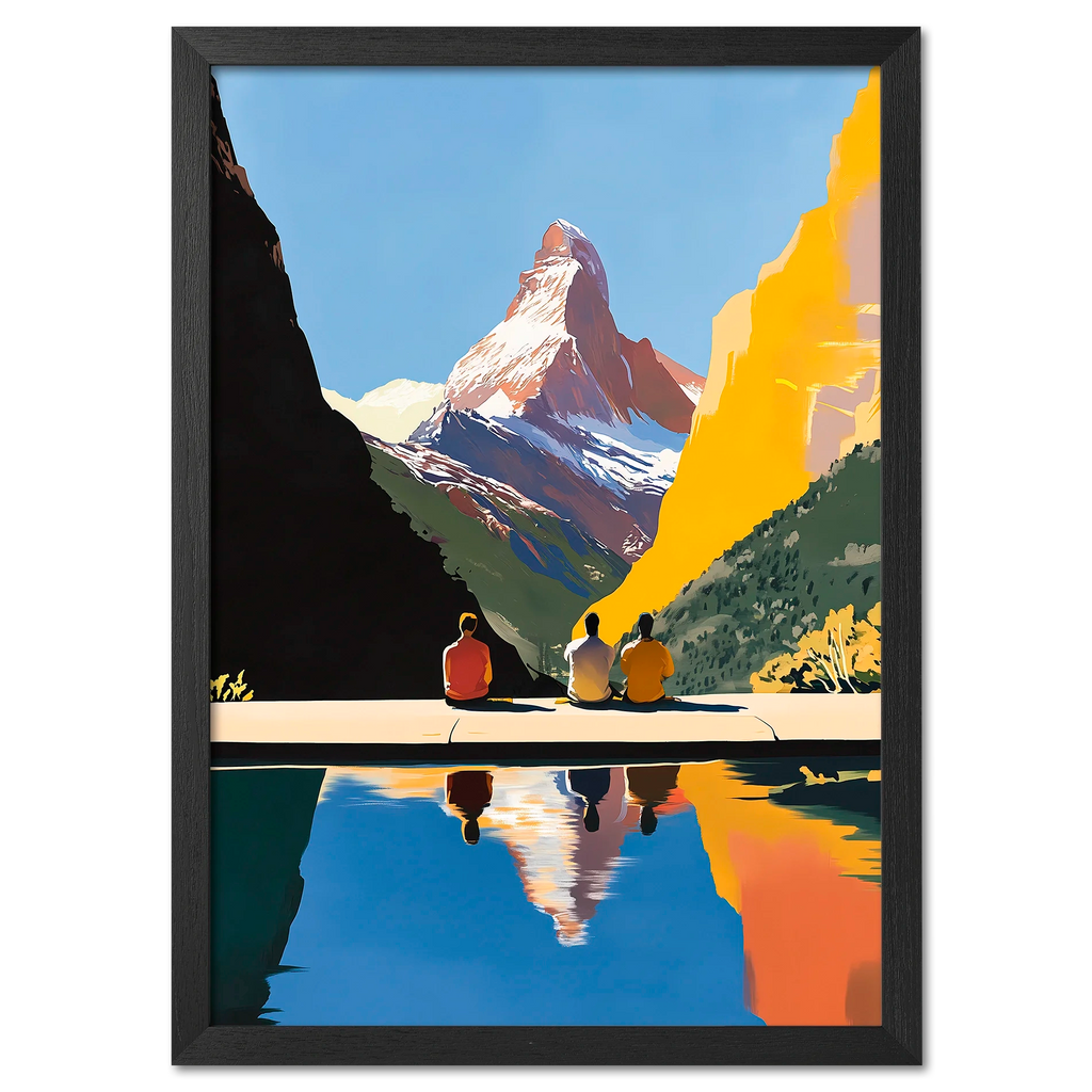 Matterhorn Retreat - Poster featuring three people by a lake with the Matterhorn in the background and reflections in the water.