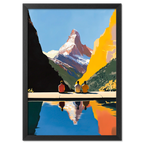 Matterhorn Retreat - Poster featuring three people by a lake with the Matterhorn in the background and reflections in the water.