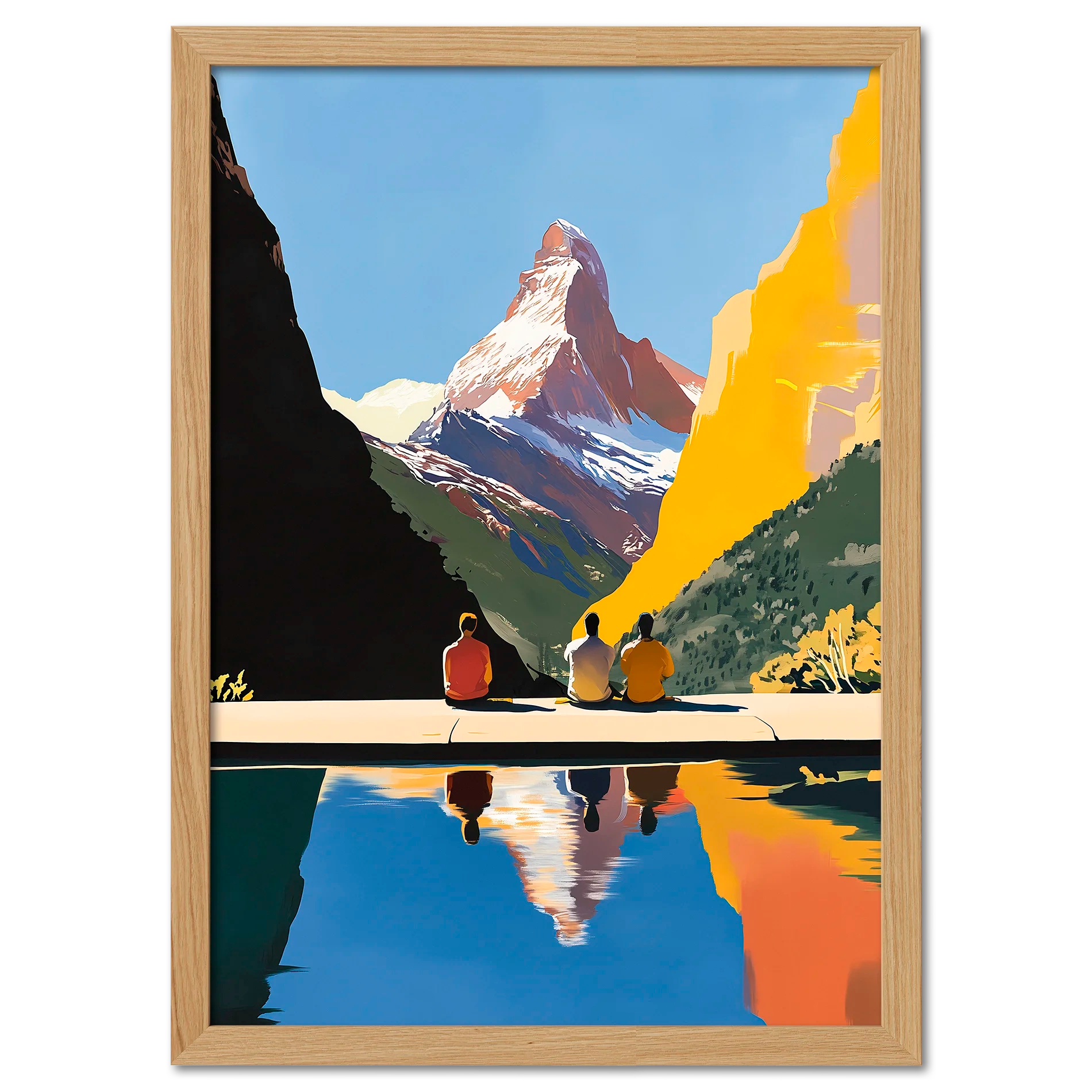Matterhorn Retreat - Poster featuring three people by a mountain lake reflecting the Matterhorn, creating a serene scene.