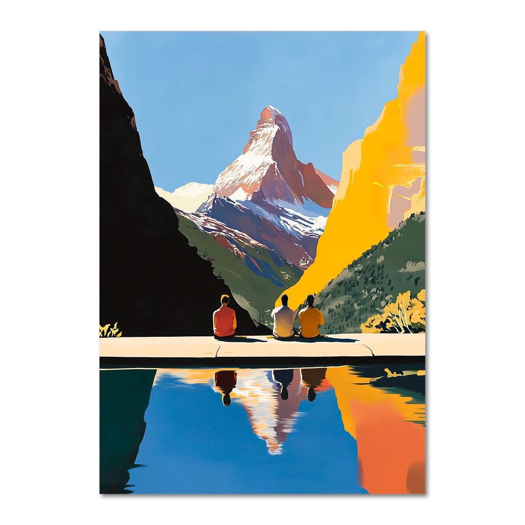 Matterhorn Retreat - Poster featuring three people by a lake with the Matterhorn mountain in the background.