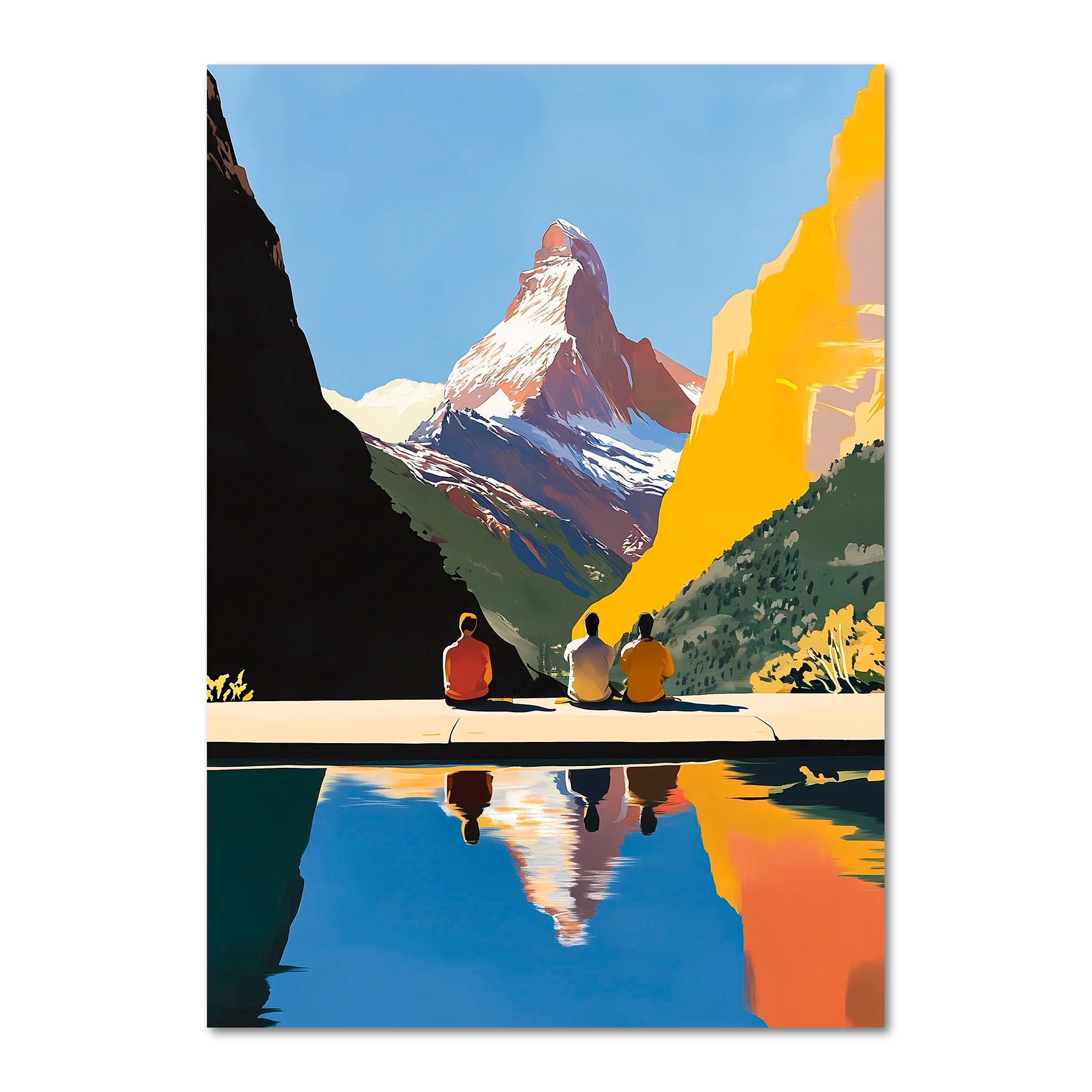 Matterhorn Retreat - Poster featuring three people by a lake with the Matterhorn mountain in the background.