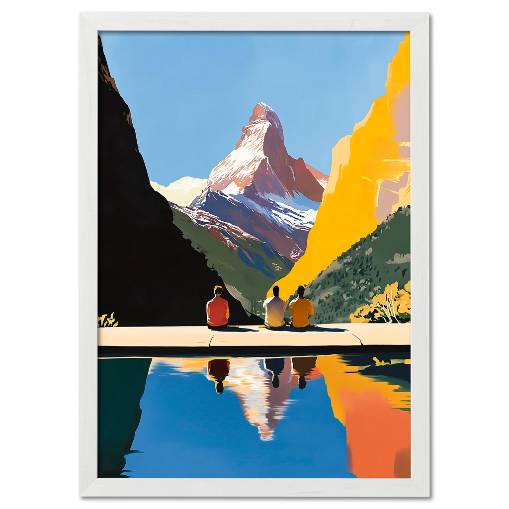 Matterhorn Retreat - Poster featuring three people by a mountain lake with the Matterhorn in reflection.