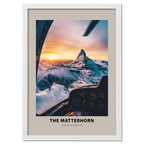 Framed photograph of a mountain peak with a sunset, labeled 'The Matterhorn'.