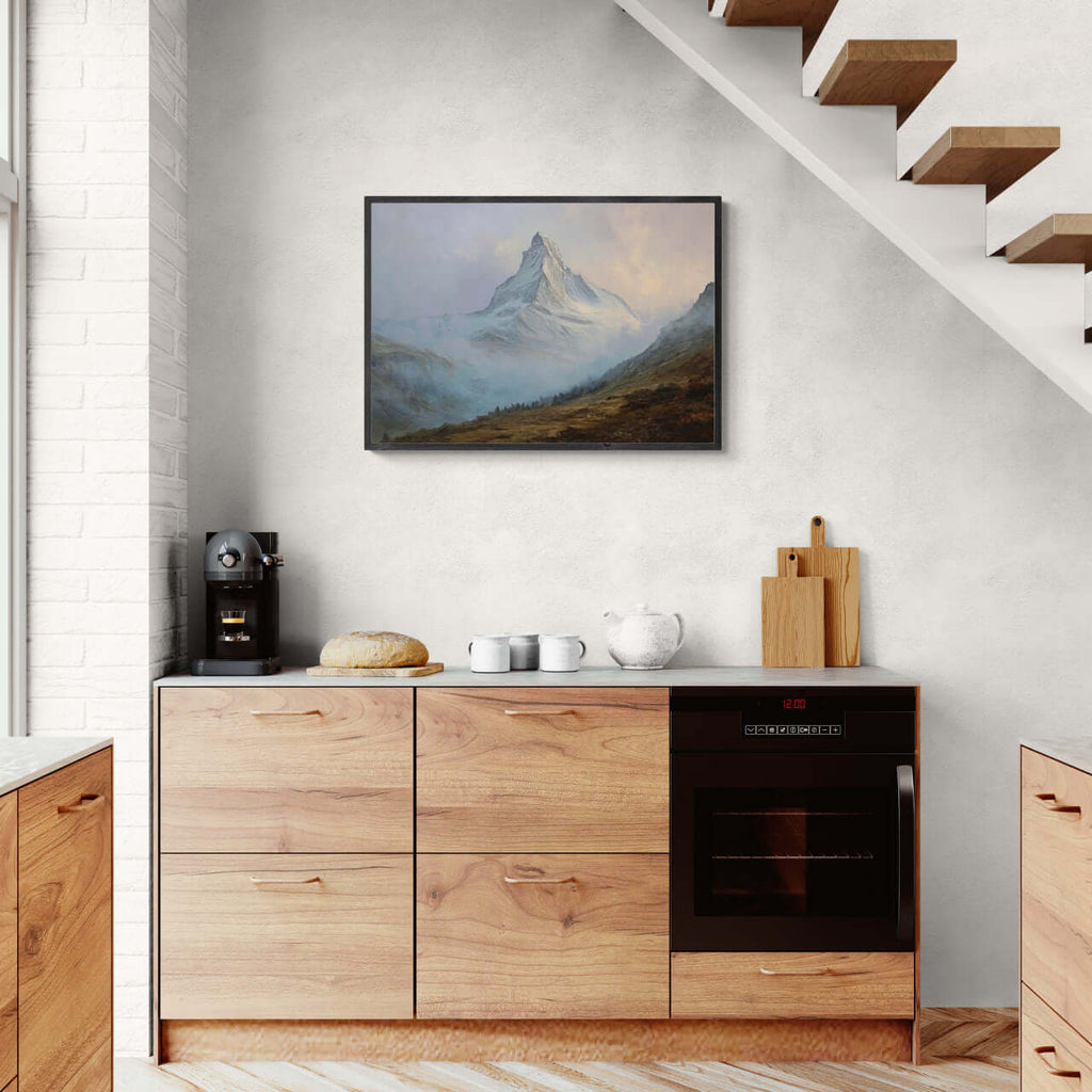 Matterhorn in Mist – Poster displayed in a modern kitchen, enhancing the wall decor with alpine scenery.