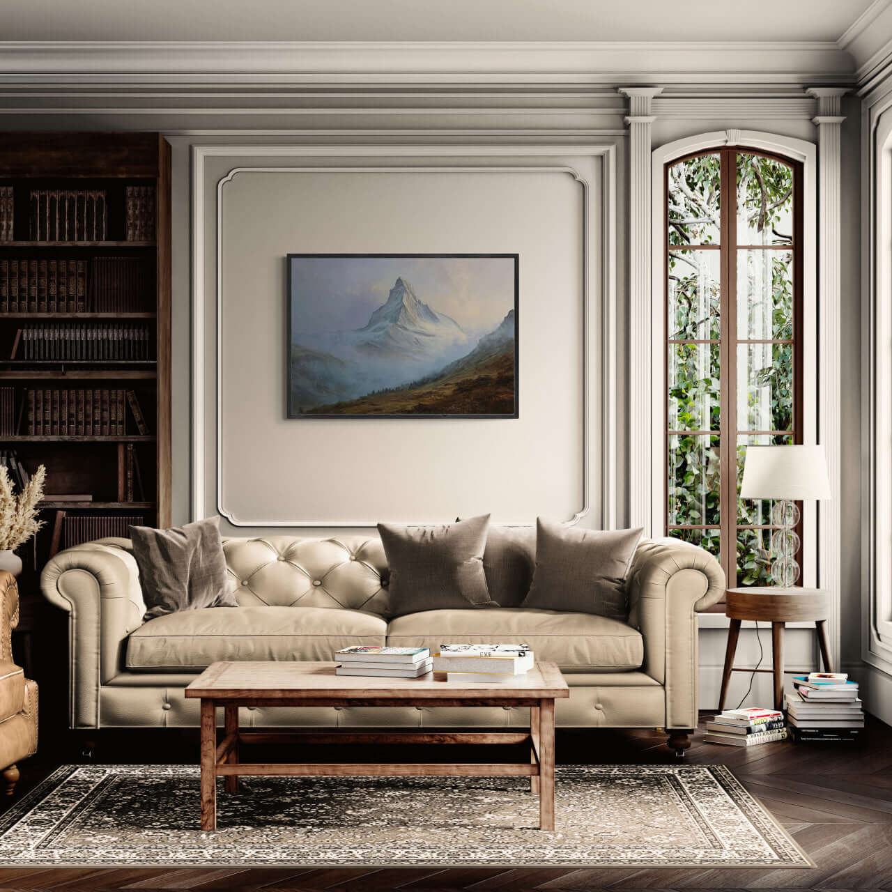 Matterhorn in Mist – Poster displayed above a cozy couch in a modern living room, enhancing the wall decor.