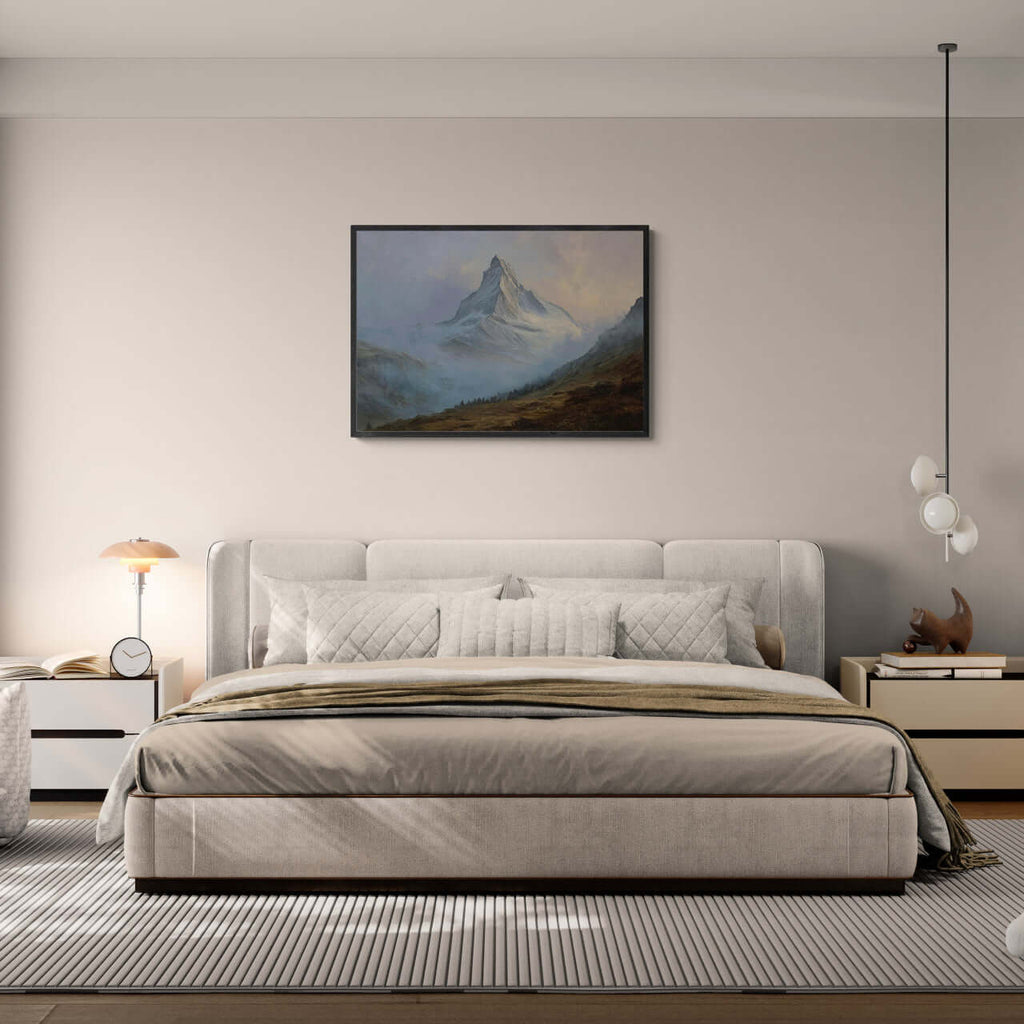 Matterhorn in Mist – Poster displayed in a stylish bedroom, enhancing the modern wall decor.