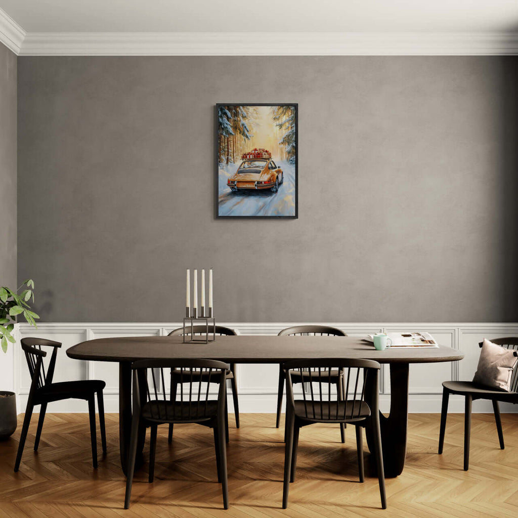 Merry Christmas - Winter Drive - Poster displayed in a modern dining room with a wooden table and black chairs.